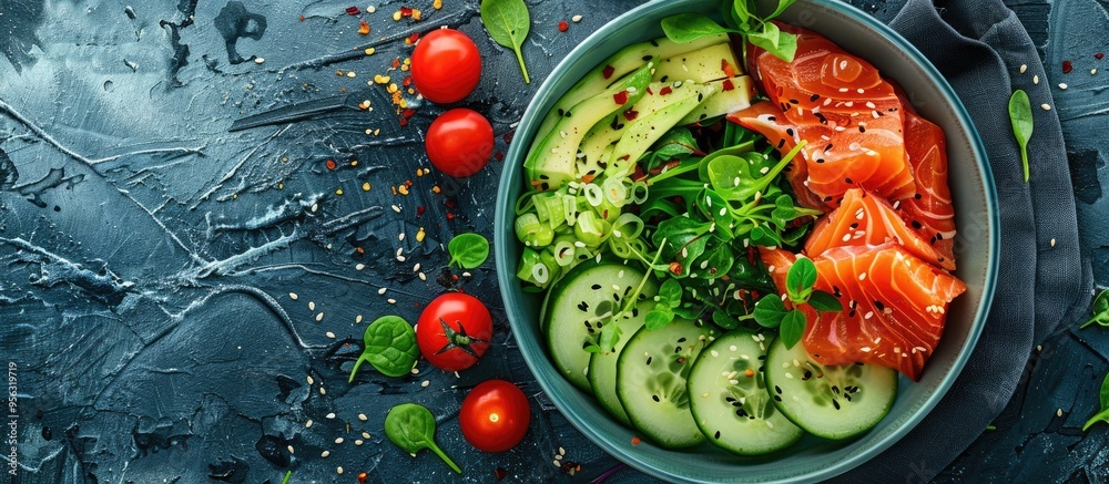 Poster Poke bowl featuring red fish avocado spinach cucumber and cherry tomatoes against a plain background for a copy space image