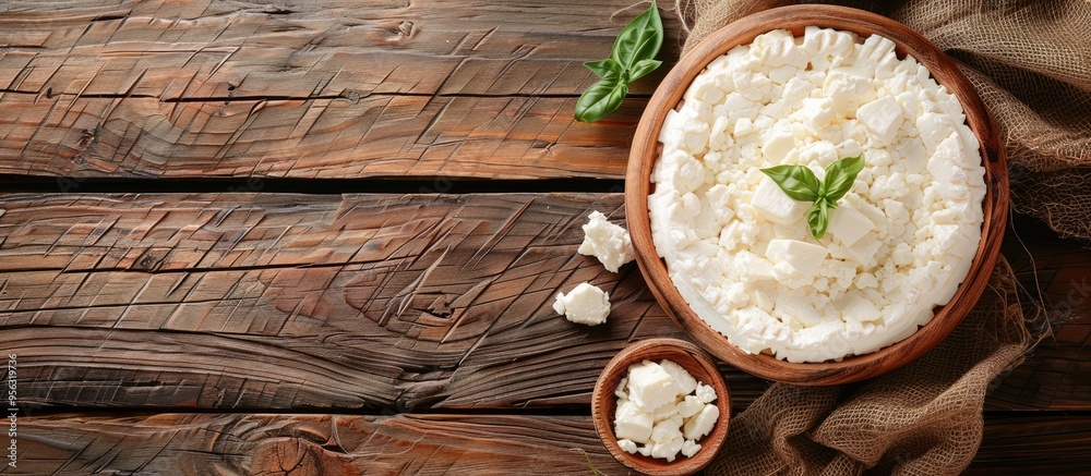 Aufkleber copy space image of a rustic top view arrangement with a variety of soft cow goat or sheep cheese id