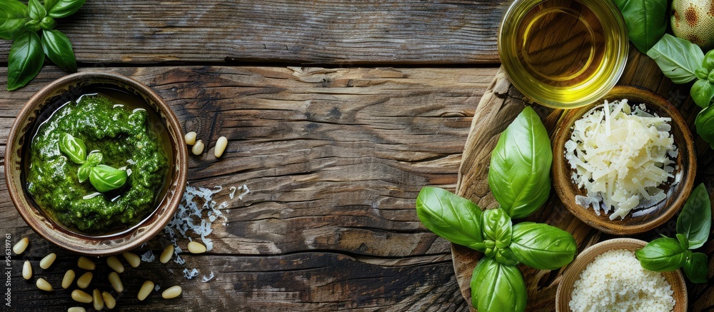 Poster italian basil pesto sauce displayed on a textured wooden surface featuring key ingredients like fres