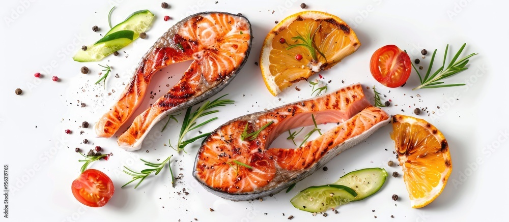 Poster salmon steaks baked and healthy displayed on a white background with room for text or images can be 