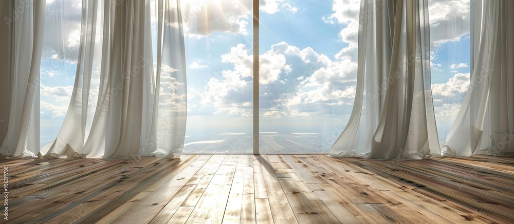 Poster room with wooden floor illuminated by daylight through a see through window with white curtains on a