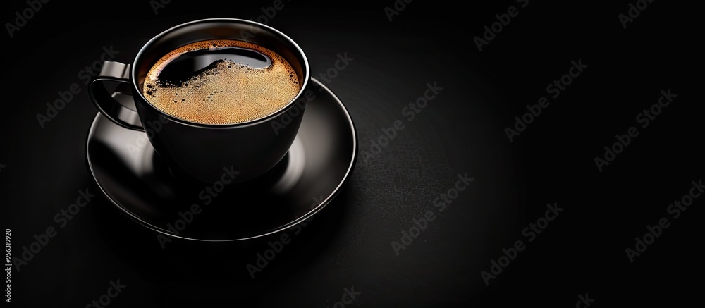 Poster a black mug filled with coffee stands on a dark backdrop allowing for copy space image