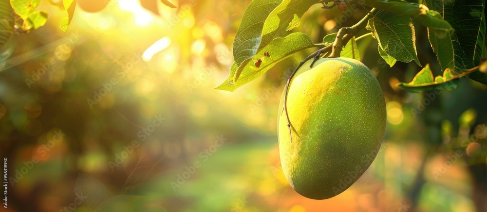 Aufkleber a vibrant youthful and ripe green mango fruit is suspended from a tree in an organic farm creating a