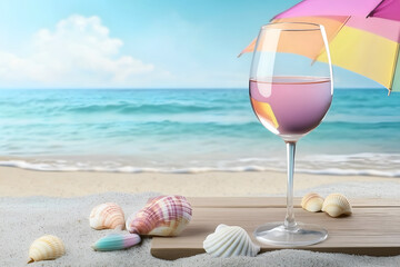 A wine glass on a wooden table with seashells, against a sunny beach with a blue sea and umbrella.