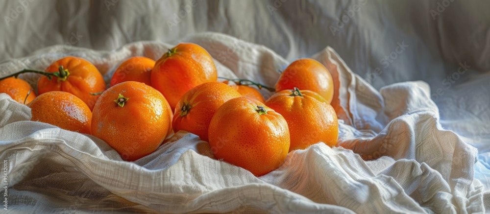 Poster Tangerines displayed elegantly on a linen cloth with copy space image