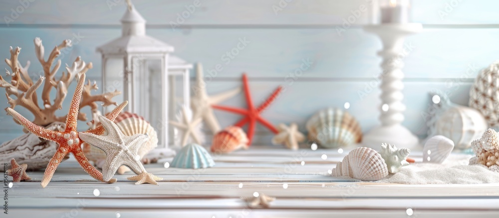 Poster table adorned with marine themed decorations set against a light wooden backdrop featuring a copy sp