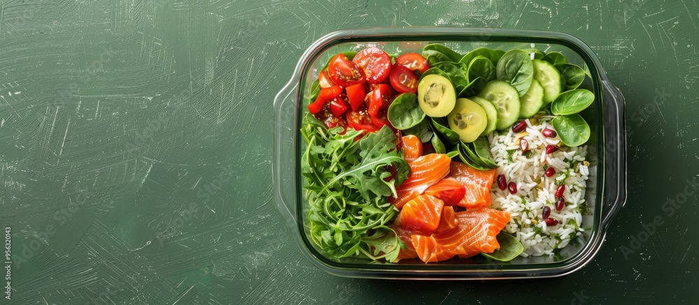 Leinwandbilder Glass container with a fresh salad salmon and rice on a green surface viewed from above with space for text in a charming copy space image