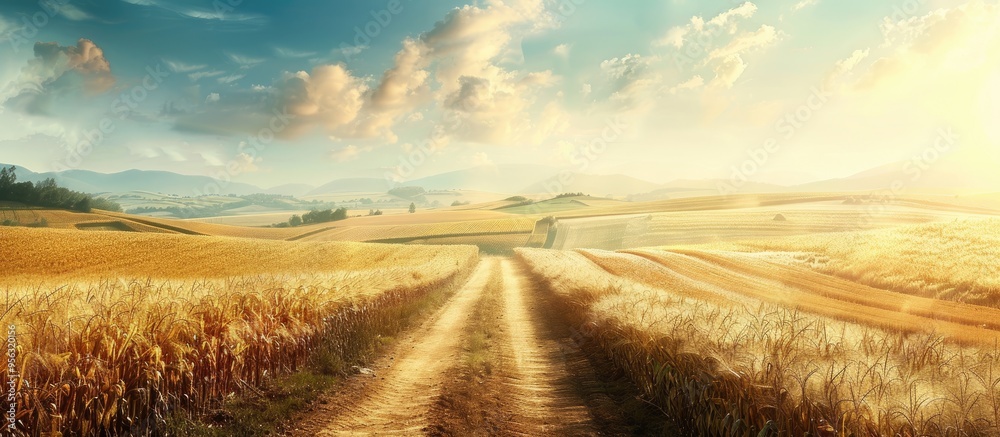 Poster a scenic rural landscape with a trail through a golden field stretching towards the horizon framed b