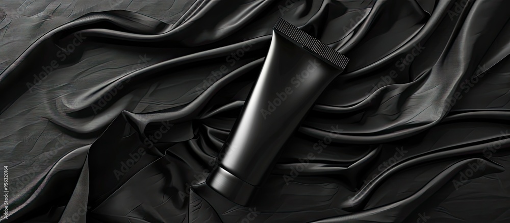 Aufkleber Black cream tube on a black fabric with a textured background ideal for a mockup with copy space image available