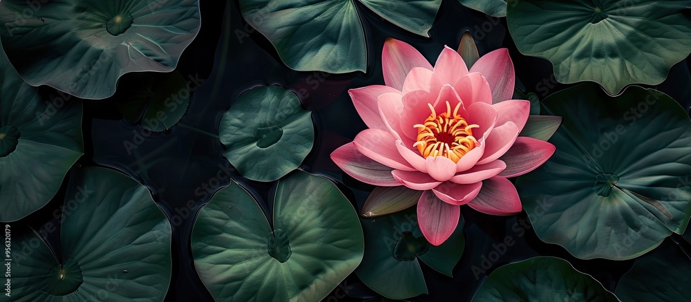 Poster top view of a pink lotus flower in bloom with green leaves providing background in a copy space imag
