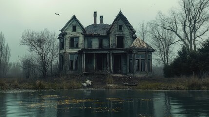 Fototapeta premium Old Abandoned Haunted House, Spooky Halloween Setting, 3D Render Illustration. AI generated illustration.