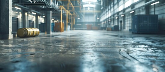 Focus on concrete floor in blurred warehouse copy space image