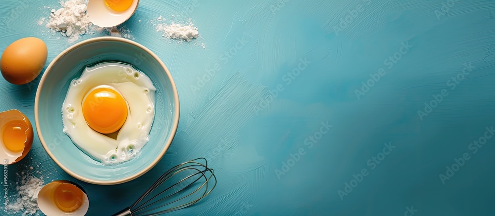 Poster Top view of a bowl eggs and whisk on a blue backdrop with room for text or other elements in the image Great for baking themed backgrounds. Creative banner. Copyspace image
