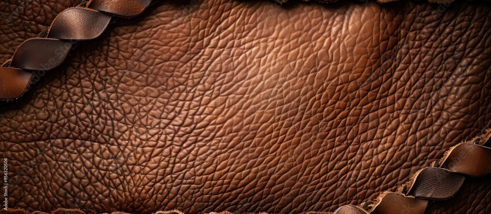Leinwandbilder Brown leather background with braided edge featuring cowhide texture and a mock up template ready for text on this copy space image