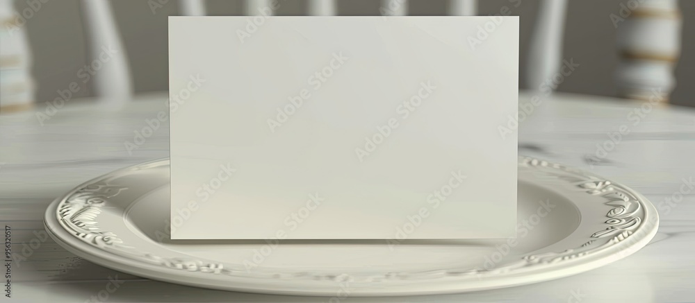 Poster a blank white paper card with copy space on a cream plate on a white background