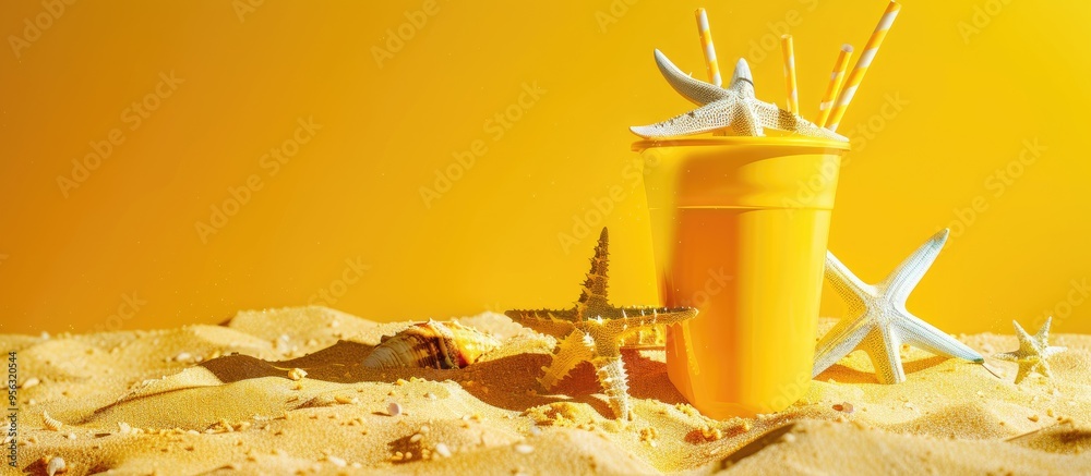 Poster a stunning composition featuring beach items against a vibrant yellow backdrop perfect for a copy sp