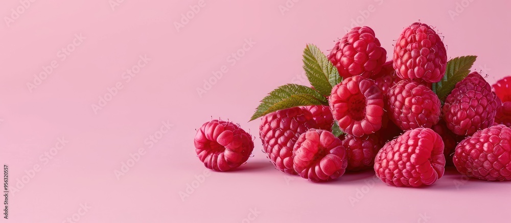 Poster a creative fruit arrangement featuring ripe raspberries on a soft pink backdrop with space for text 