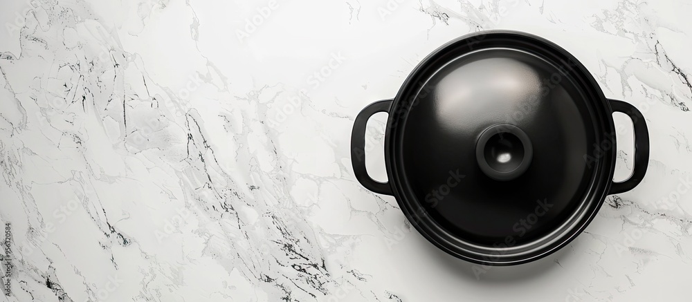 Aufkleber Top view of a black cooking pot with a transparent lid placed on a white marble surface offering a clear area for including text within the image. Creative banner. Copyspace image