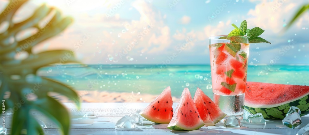 Poster watermelon slices and a cocktail with mint in a glass set on a white table with a blurred exotic bea