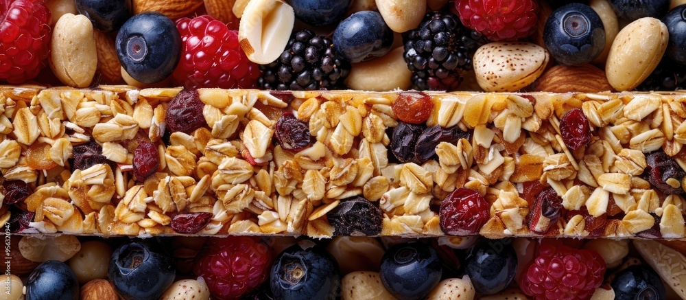 Poster A nutritious snack option for health conscious individuals an assortment of granola bars filled with nuts and berries displayed in a top view copy space image