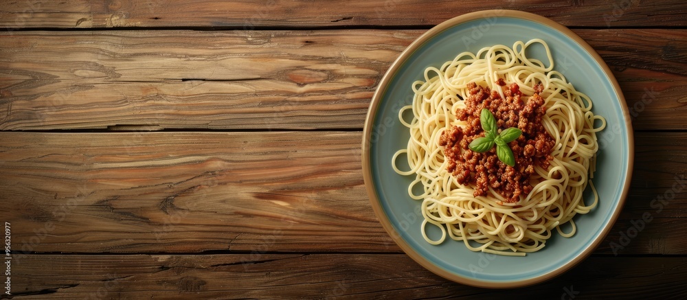 Poster A plate with pasta and minced meat is displayed on a wooden table with copy space image