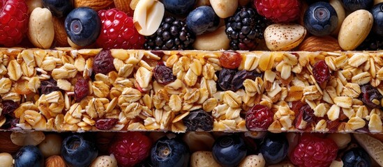 A nutritious snack option for health conscious individuals an assortment of granola bars filled with nuts and berries displayed in a top view copy space image