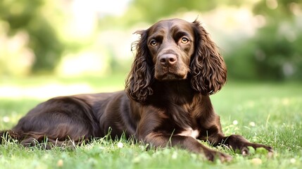  A brown dog with curly ears lies on green grass in a park