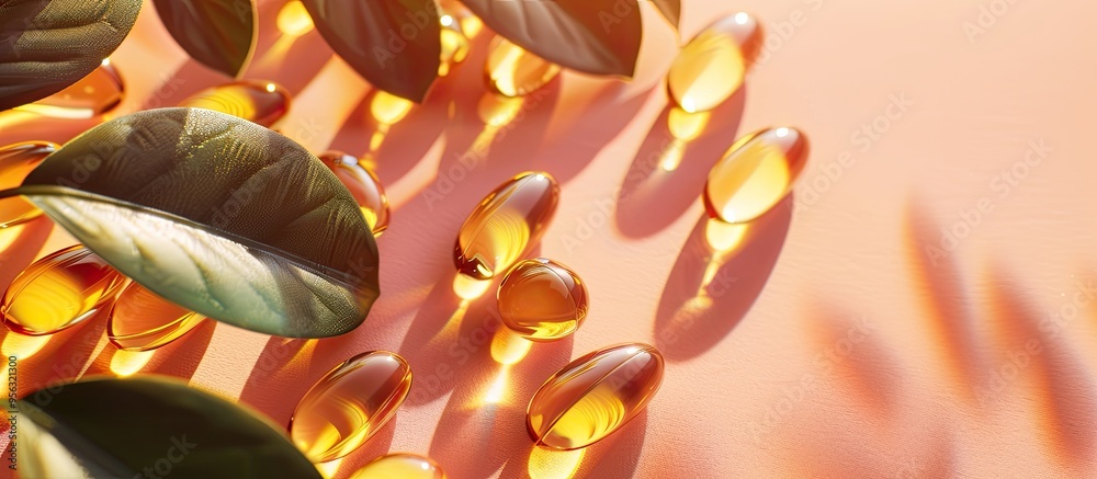Aufkleber Vitamin E capsules with antioxidants for dietary support showcased on a bright paper background with a soft focus Top view close up with ample copy space image