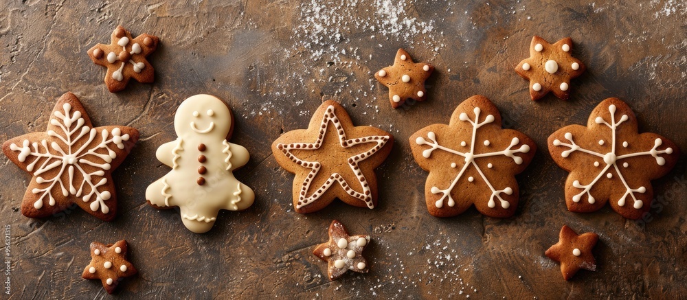 Poster A row of festive gingerbread cookies arranged neatly on a traditional backdrop presented from above with a banner styled copy space image