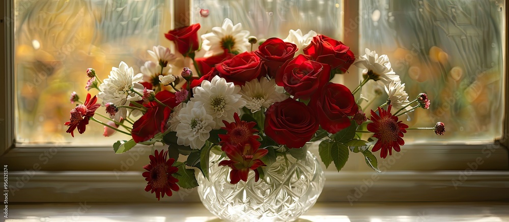 Poster a charming floral arrangement of red roses white chrysanthemums and delicate pink blooms in a crysta