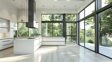 a minimalist kitchen with large windows and abundant natural light