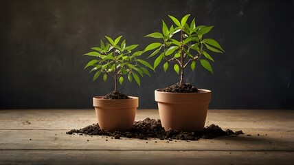 Young green sprout in the pot with the ground on wooden background, seedling in a pot