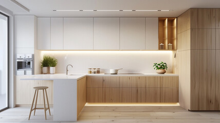 a minimalist kitchen with light wood accents and white cabinetry