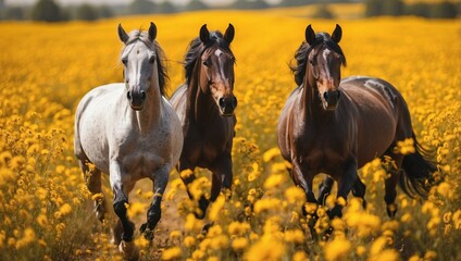 three horses running in a field of yellow flowers Graceful Arabian Horse Gallops Through Autumn