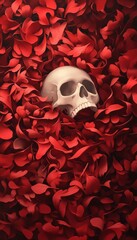 A striking juxtaposition of a human skull surrounded by vibrant red rose petals, creating a captivating visual contrast.