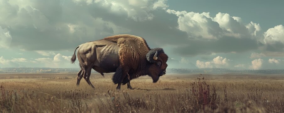 Majestic bison roaming vast prairie, 4K hyperrealistic photo