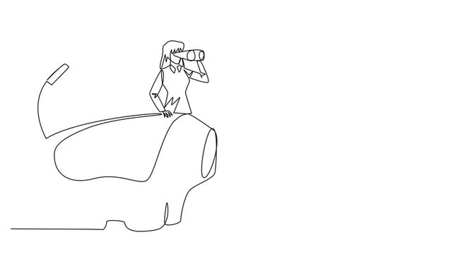 Animated self drawing of Single continuous line drawing businesswoman comes out of piggy bank looks for something through binoculars. investment to prepare all kinds of needs. Full length animation