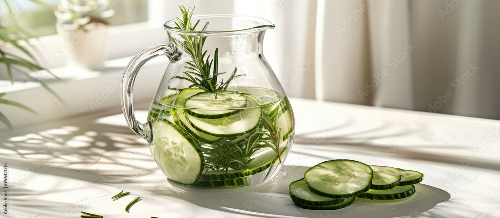 Poster Close up of a jug of refreshing cucumber water infused with rosemary on a white table suitable for adding text Incorporates copy space image