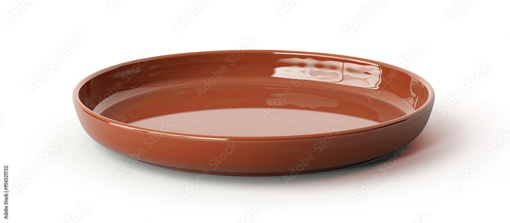 Poster New empty brown ceramic tray with clipping path isolated on white background for copy space image