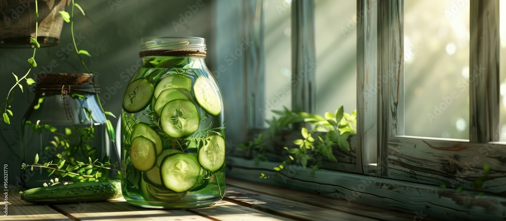 Poster A jar of water with sliced cucumber placed on a wooden table under sunlight with preserved jars and ample copy space for food drink or product images