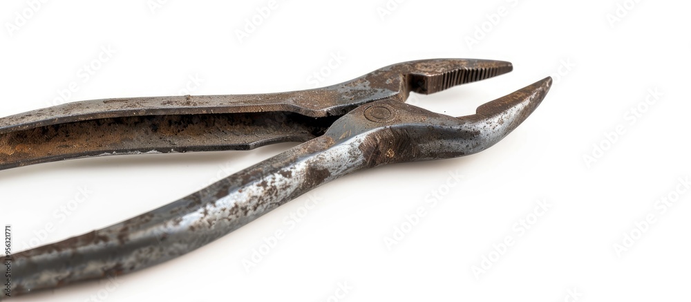 Poster An aged pair of iron pliers stands alone on a white background with copy space image available