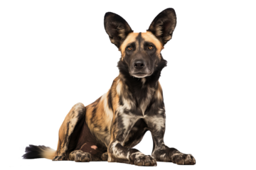African wild dog standing alert with distinctive coat pattern on transparent background for easy integration