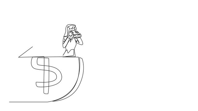 Animation of single continuous line drawing businesswoman coming out of coin holding binocular. Looking for extra money for a decent life in old age. Looking for opportunity. Full length motion