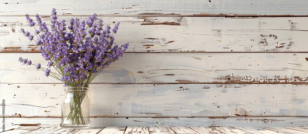 Aufkleber lavender flowers in a bouquet against a white old wooden backdrop with dry sprigs on a table in a wo