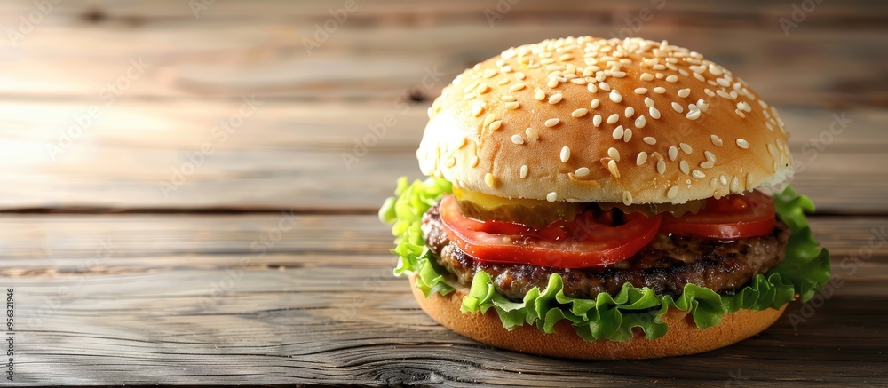 Poster a homemade hamburger with sesame seeds on a dark wooden surface set against a white wood background 