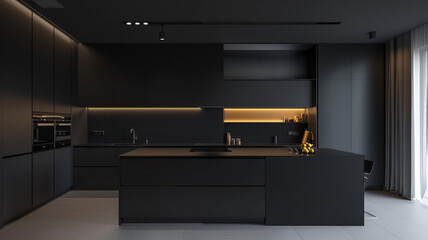 a minimalist kitchen with matte black finishes and minimalist decor