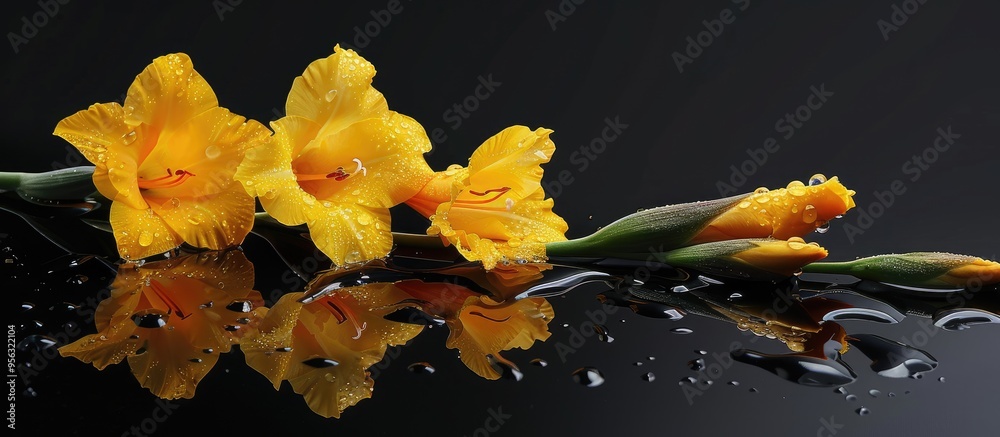Aufkleber a beautiful yellow gladioli stem with water droplets displayed on a reflective black background idea