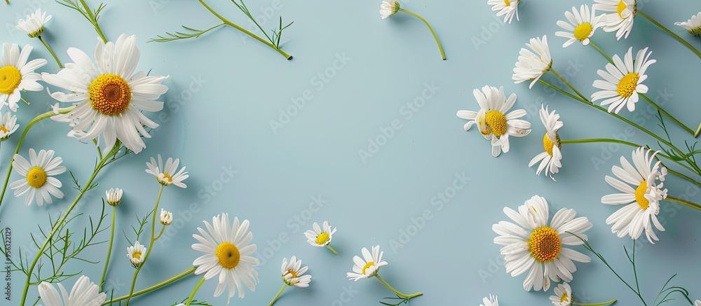 Poster Top view of white daisies and chamomile flowers on a light blue background with copy space image creating a creative summer inspired layout