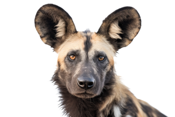 African wild dog standing alert with distinctive coat pattern on transparent background for easy integration