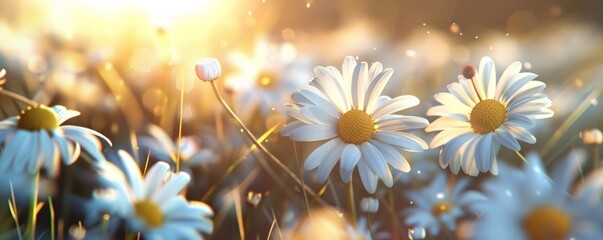 A peaceful field of daisies dancing in the sunlight, 4K hyperrealistic photo